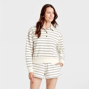 Universal Thread Women’s Striped Cream Fleece Polo Sweatshirt Size M